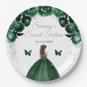 Dark Green Brunette Hair Princess Sweet Sixteen Paper Plate