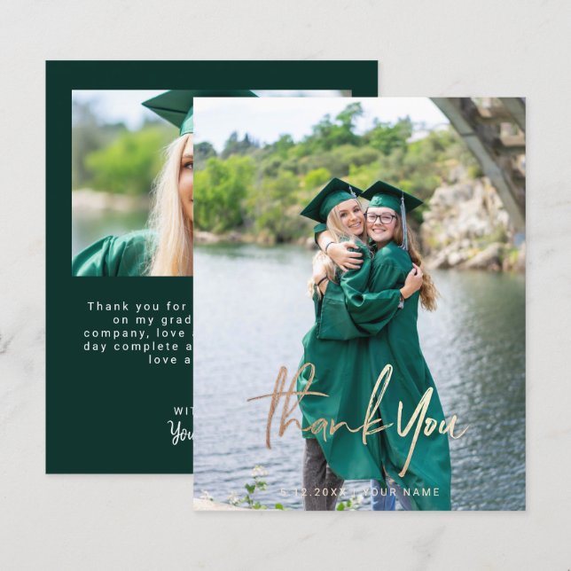 Dark Green Budget Graduation Thank You Photo Cards (Front/Back)