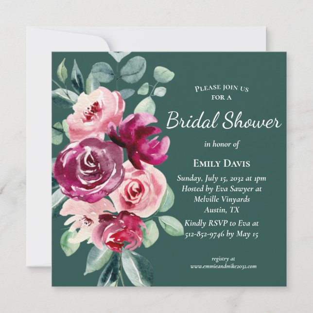 Dark Green, Burgundy & Blush Boho  Bridal Shower I Invitation (Front)