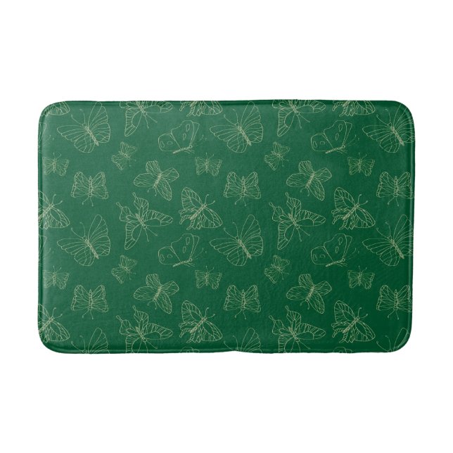 Dark Green Butterfly Print, Nature Inspired Bath Mat (Front)