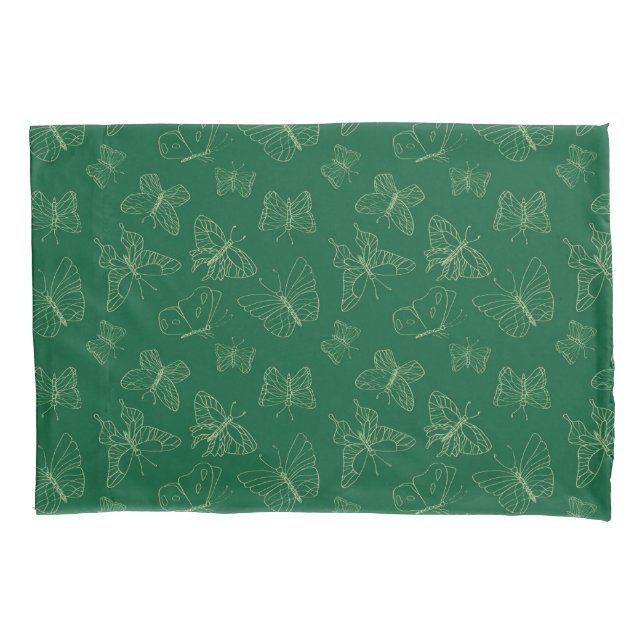 Dark Green Butterfly Print, Nature Inspired Pillowcase (Front)