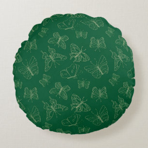 Dark Green Butterfly Print, Nature Inspired Round Pillow