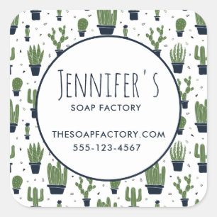 Dark Green Cactus Desert Pattern Business Square Sticker