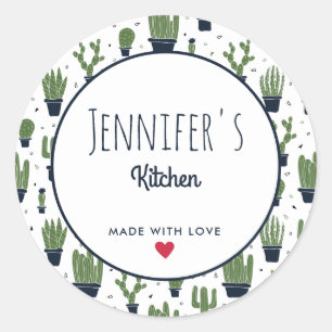 Dark Green Cactus Desert Pattern Kitchen Classic Round Sticker