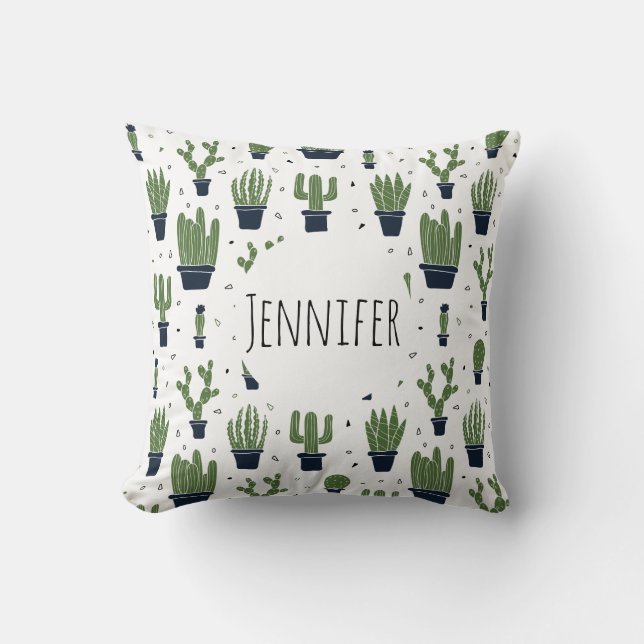 Dark Green Cactus Desert Pattern Throw Pillow (Front)