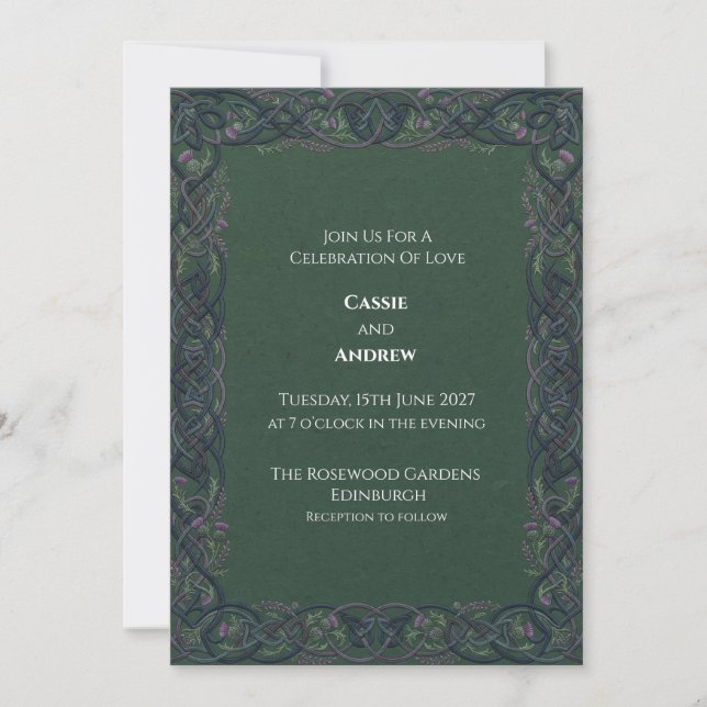Dark Green Celtic Knot Thistle Wedding Invitation (Front)