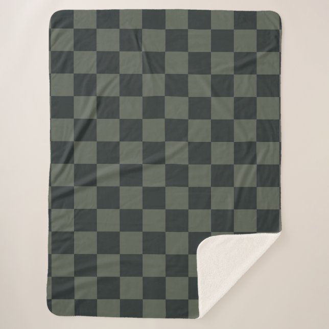 Dark Green Chequerboard Sherpa Blanket (Front)