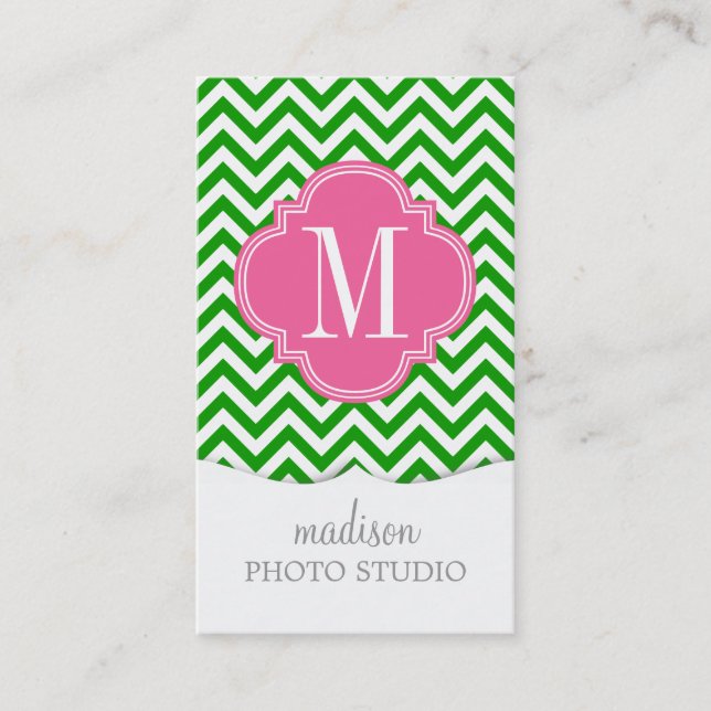 Dark Green Chevron Zigzag Personalized Monogram Business Card (Front)