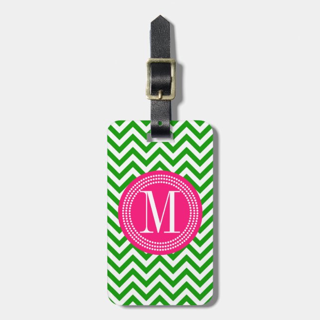 Dark Green Chevron Zigzag Personalized Monogram Luggage Tag (Front Vertical)
