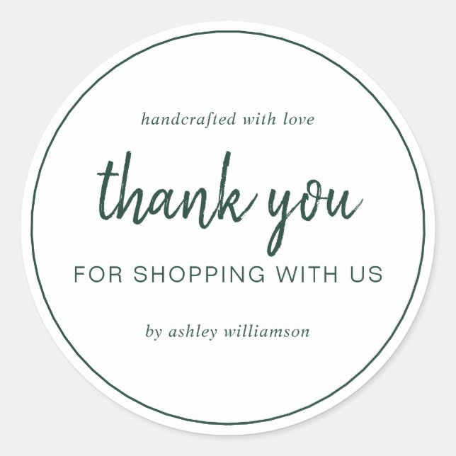 Dark Green Chic Script Thank You For Shopping Classic Round Sticker (Front)