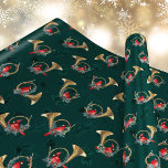 Dark Green Christmas Music Cardinals in Post Horns Wrapping Paper<br><div class="desc">This musical Christmas design features Christmas post horns decorated with a variety of greenery,  pine cones,  and festive holly leaves and berries,  with cardinals perched inside. The background is a rich dark green.</div>