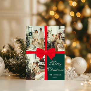 Dark Green Christmas Photo Card with Red Bow
