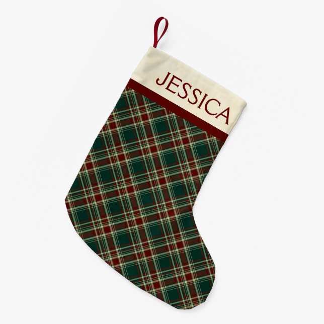 Dark Green Christmas Plaid Custom Name Small Christmas Stocking (Front (Hanging))