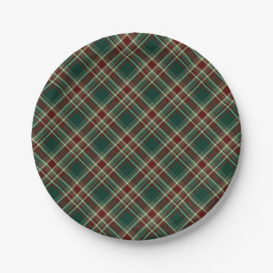 Dark Green Christmas Plaid Pattern Paper Plate