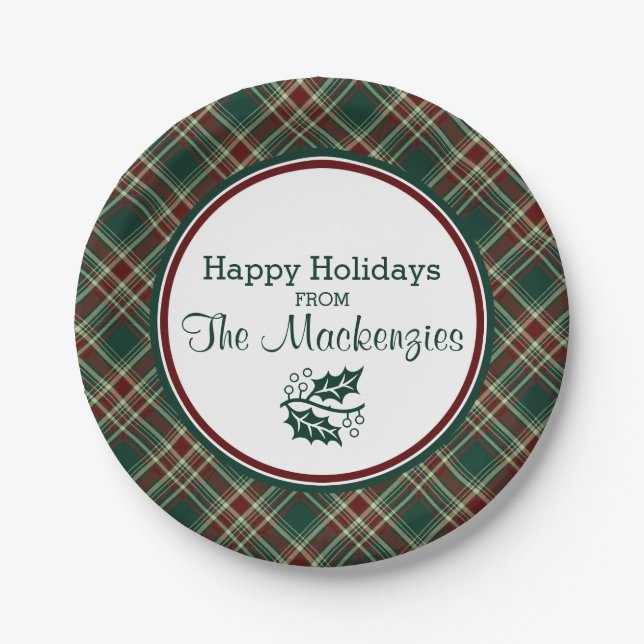 Dark Green Christmas Plaid Personalized Paper Plate (Front)