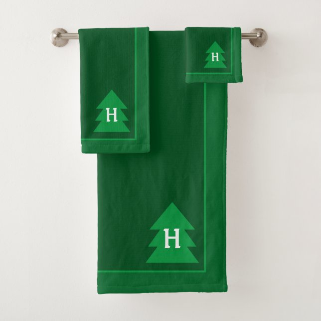 Dark Green Christmas Tree Custom Initial Elegant Bath Towel Set (Insitu)