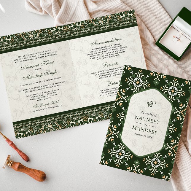 Dark Green Cross-stitch All in One Sikh Wedding Invitation (Creator Uploaded)