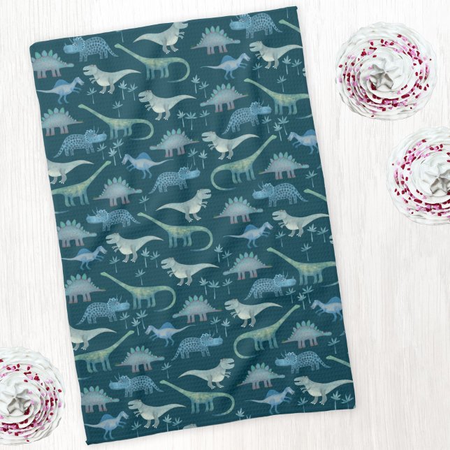 Dark Green Cute Dinosaur Pattern Kitchen Towel (Dinosaur pattern teal green art kitchen tea towel)