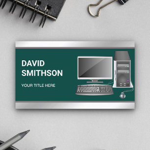 Dark Green Desktop PC Computer Repair Technician Business Card