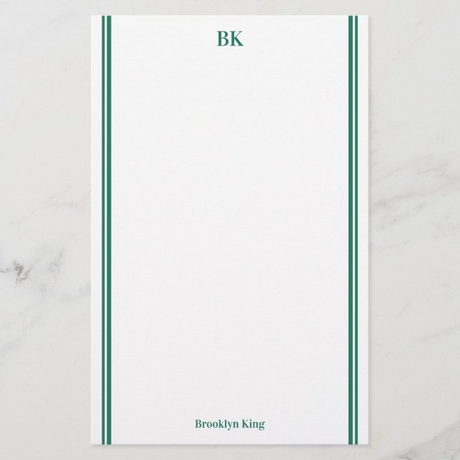 Dark Green Double Lines Monogram & Name Stationery (Front)