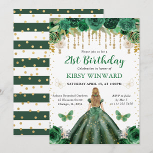 Dark Green Dress Blonde Haired Princess Birthday Invitation
