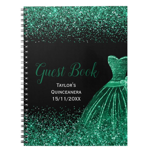 Dark Green Dress Faux Glitter Quinceanera Guest  Notebook (Front)