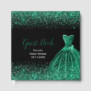 Dark Green Dress Faux Glitter Sweet 16 Birthday Guest Book