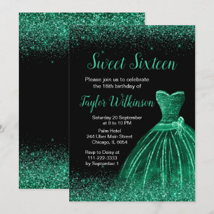Dark Green Dress Faux Glitter Sweet 16 Birthday Invitation