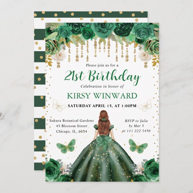 Dark Green Dress Red Haired Princess Birthday Invitation (Front/Back)