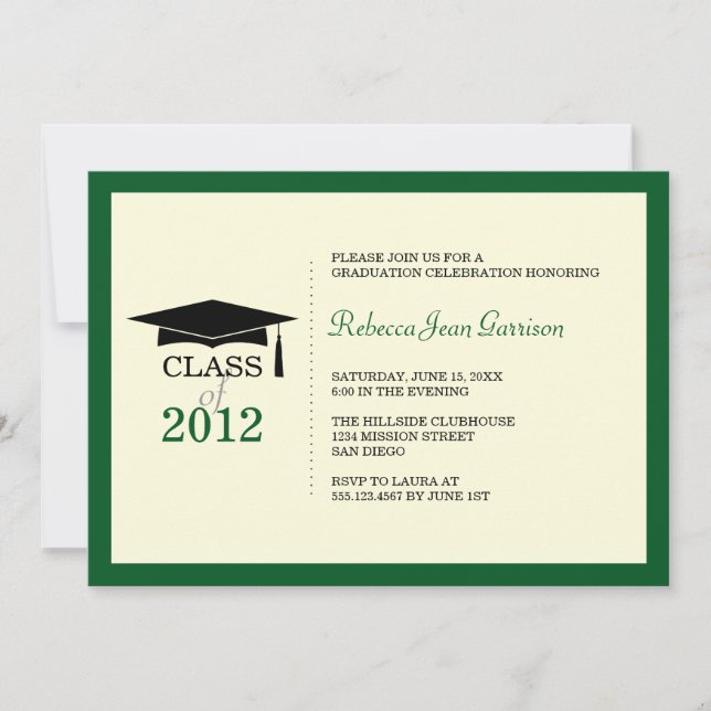 Dark green ecru cap tassel graduation announcement (Front)