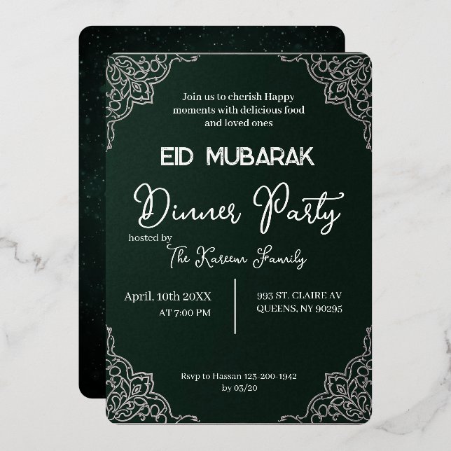 Dark Green elegant EID MUBARAK Invitation (Recto/Verso)