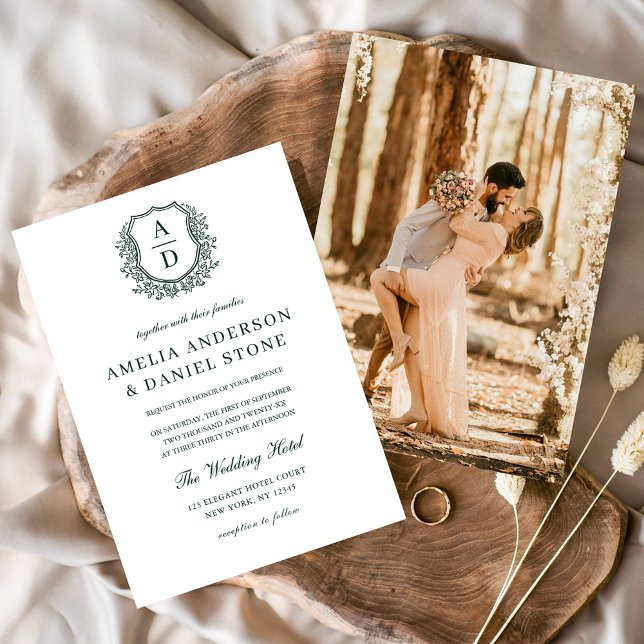Dark Green Elegant Floral Crest Monogram Wedding  Invitation (Creator Uploaded)