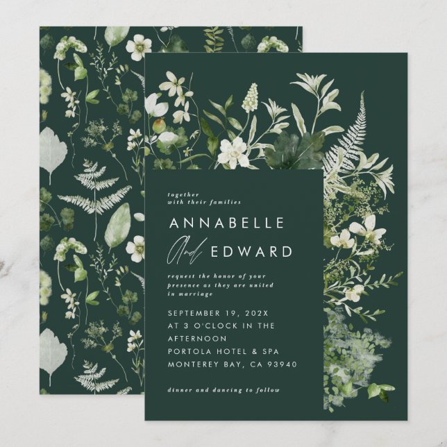 Dark green elegant modern botanical script wedding invitation (Front/Back)