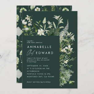 Dark green elegant modern botanical script wedding invitation