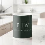 Dark Green Elegant Modern Minimalist Monogram Name Coffee Mug<br><div class="desc">Elevate your morning routine with our Dark Green Modern Minimalist Monogram Name Coffee Mug. This sleek and stylish mug brings a touch of contemporary elegance to your daily coffee ritual. Crafted with quality in mind, it features a minimalist design in classic black and white, making it a versatile addition to...</div>