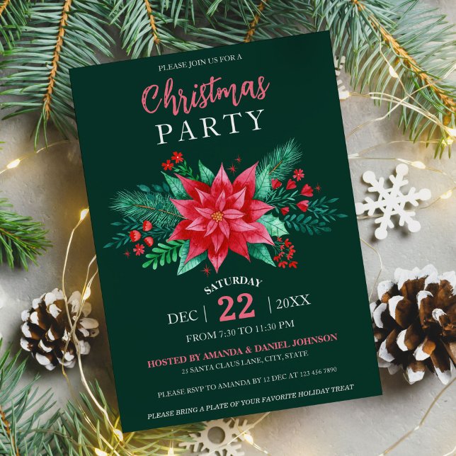 Dark Green Elegant Red Watercolor Poinsettia  Invitation (Red Watercolor Poinsettia Flowers Christmas Party Invitation)