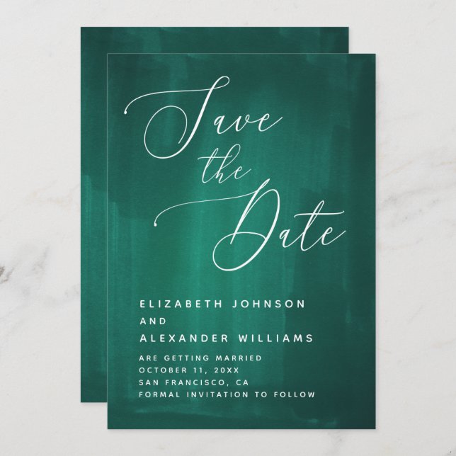 Dark green elegant script. Emerald calligraphy Save The Date (Front/Back)