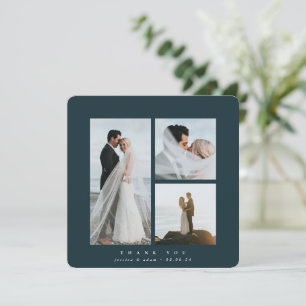 Dark Green Elegant Square Three Photo Wedding Thank You Card