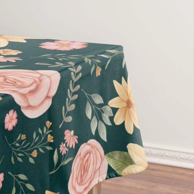 Dark Green Elegant Vintage Wildflower Pattern  Tablecloth (In Situ)