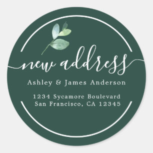 Dark Green Eucalyptus Calligraphy New Address  Classic Round Sticker