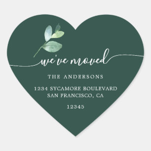 Dark Green Eucalyptus We’ve Moved New Address Heart Sticker
