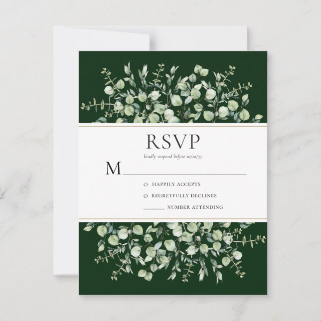 Dark Green Eucalyptus Wedding RSVP Card (Front)