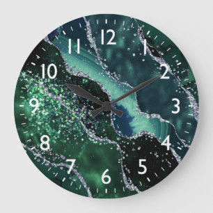 Dark Green & Faux Glitter Agate Monogram Large Clock