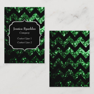 Dark green faux glitter sparkles black Chevron Business Card