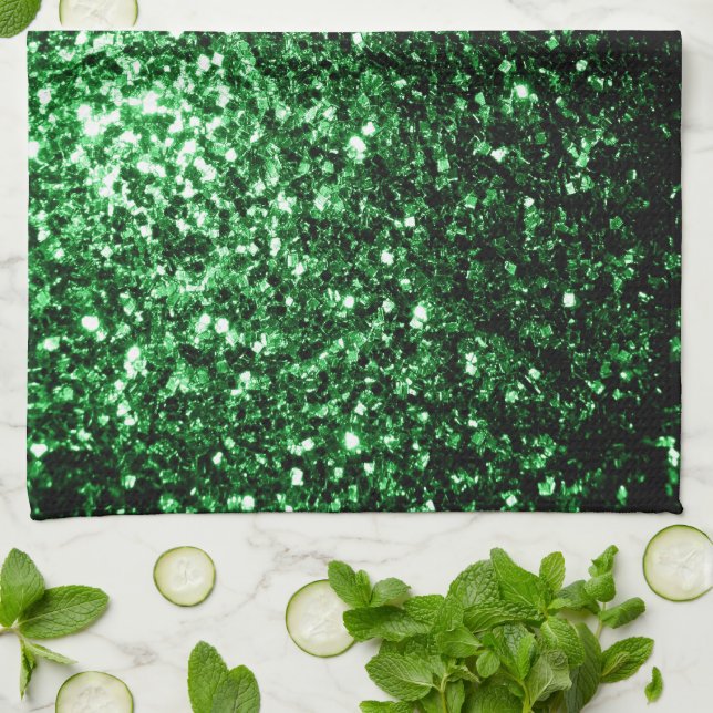 Dark green faux glitter sparkles kitchen towel (Folded)