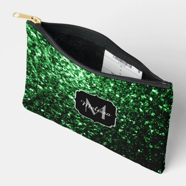 Dark green faux glitter sparkles Monogram Accessory Pouch (Open)