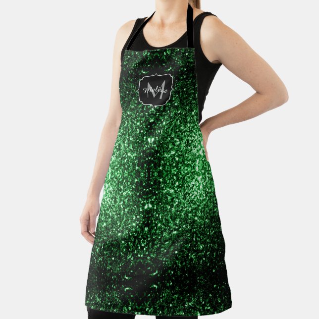 Dark green faux glitter sparkles Monogram Apron (Insitu)
