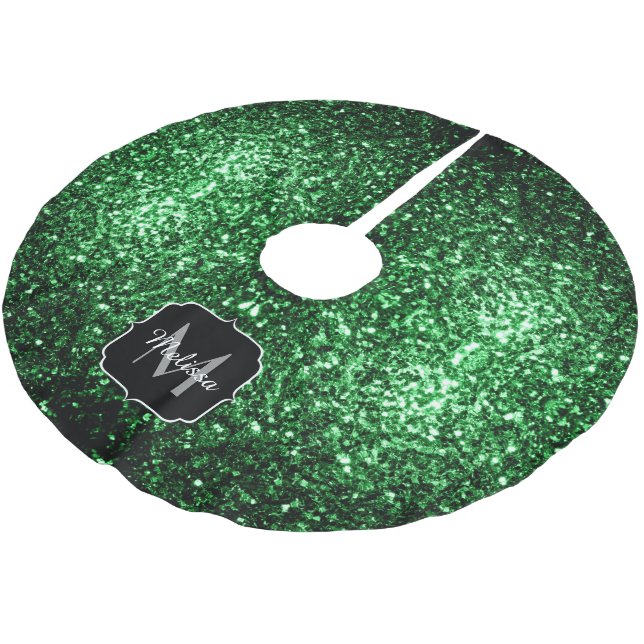 Dark green faux glitter sparkles Monogram Brushed Polyester Tree Skirt (Angled)