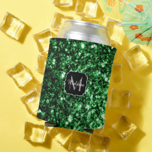 Dark green faux glitter sparkles Monogram Can Cooler