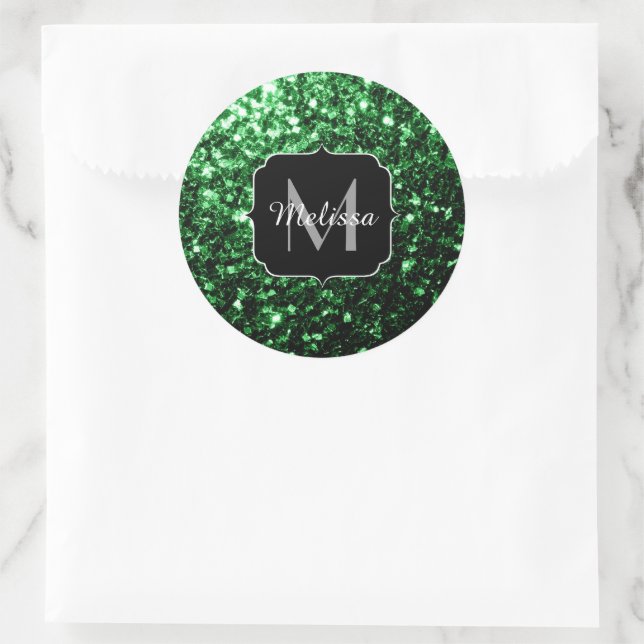 Dark green faux glitter sparkles Monogram Classic Round Sticker (Bag)